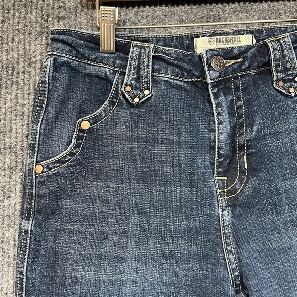 Rock & Roll Cowgirl Trouser Jeans Size 28x34 River Details Dark Wash Boot Cut - Picture 2 of 11